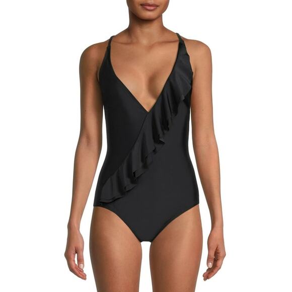 NWT Catherine Malandrino Women's v neck front Ruffle One Piece Swim Suit Small - Picture 2 of 9